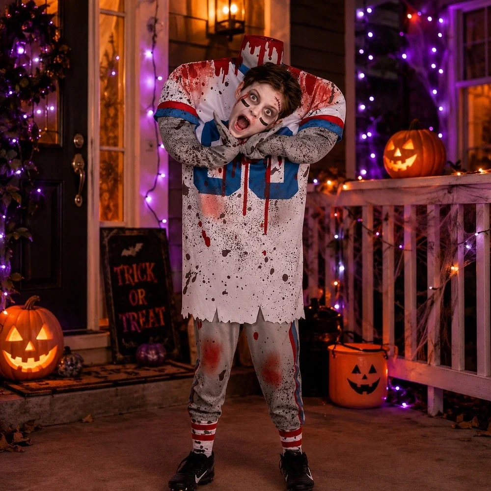 Kids Zombie Football Player Costume Large 12-14 White Red Halloween Scary Sport
